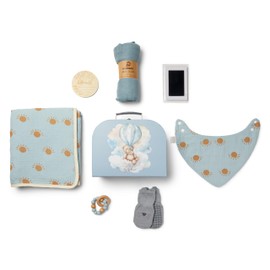 Baby Gift Set Boy - Newborn Shower Gift Basket with Large Minky Plush Blanket, Muslin Swaddle, Teether, Wooden Birth Record, Hand & Foot Print Kit, Nemo Socks, for Newborn Essentials Boys, Blue