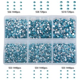Bymitel 7200 Pieces 6 Mixed Sizes Glue Fix on Glass Rhinestones Round Crystal Gems Flatback for DIY Jewelry Making with one Picking Pen(6-Sizes 7200PCS, Aquamarine)