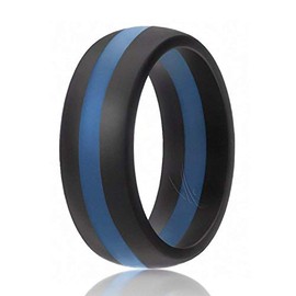 ROQ Silicone Rubber Wedding Ring for Men, Comfort Fit, Men's Wedding Band, Breathable Rubber Engagement Band, 8mm Wide 2mm Thick, Dome Style Middle Line, Solid Stripes, Single, Black & Blue, Size 15