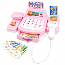 Kids Pretend Play Cash Register for Grocery Store Role Play – Light and Sound Effects with Scanner and Play Money