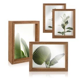 KEJJNYER 5x7 Floating Picture Frames Set of 4, Double Sided Glass Photo Frame Wood, Brown Floating Picture Frames Display for Wall Mount or Tabletop Standing