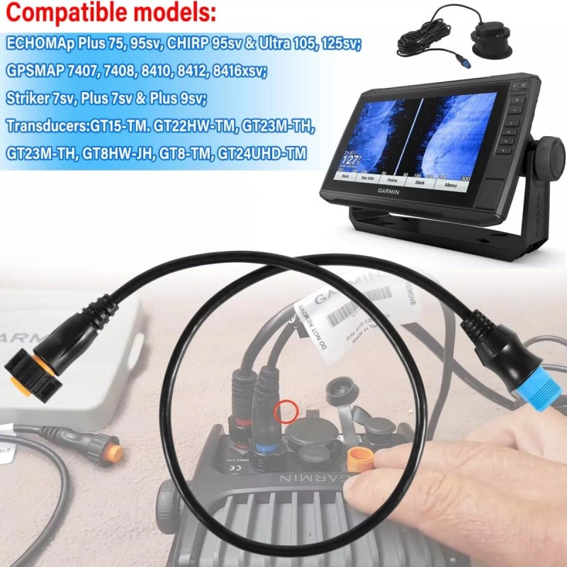 For Garmin 8-Pin Xdcr to 12-Pin Sounder Adapter Cable Fits