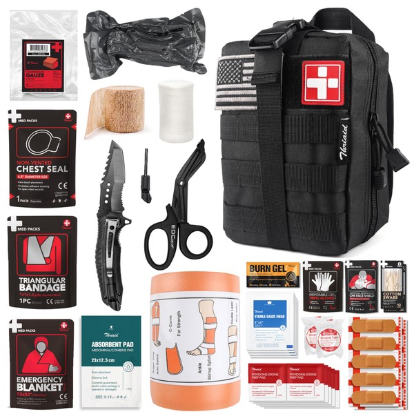 Survival First Aid Kit with Israeli Bandage, Splint, Chest Seal,