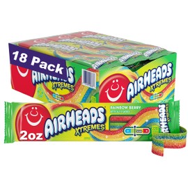 Airheads Xtremes Belts Holiday Candy, Chewy Candy Package, Christmas Stocking Stuffers for Adults & Kids, Rainbow Berry Fruit Flavor Artificially Flavored, 2 Ounces (18-Pack)
