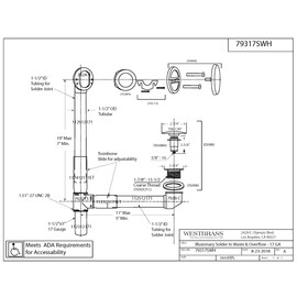 Westbrass 79317SWH-01 19" European Style Solder Bath Waste Assembly with Tip-Toe Drain and No-Hole Overflow, Polished Brass