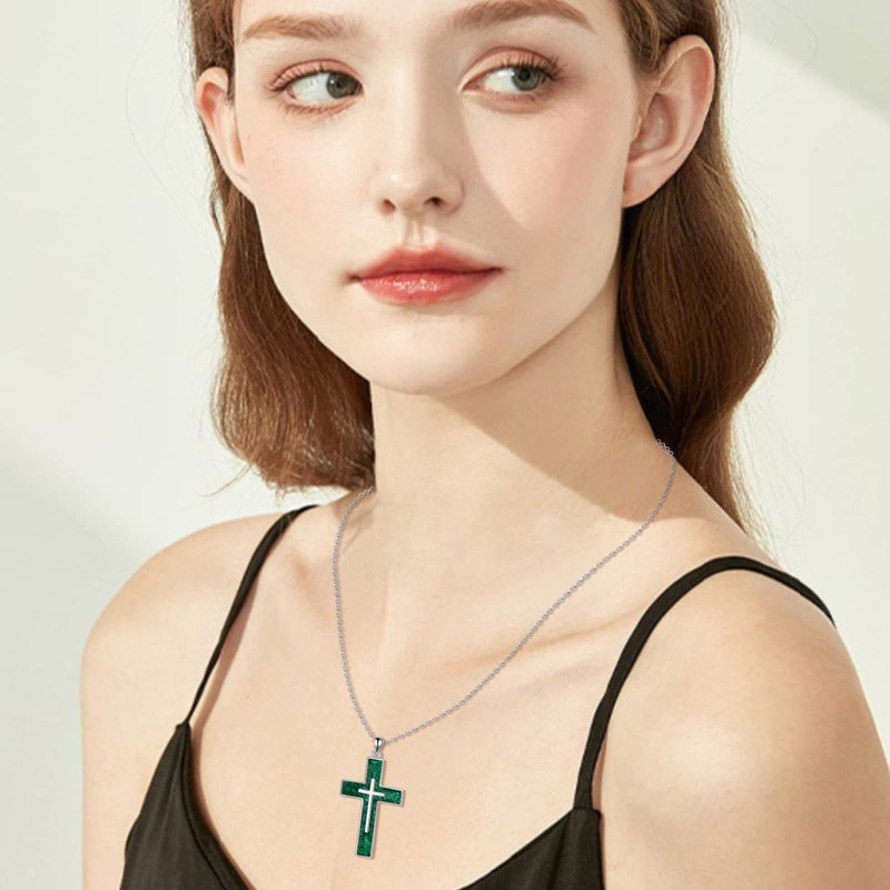 YFN Cross Necklace Sterling Silver Green Malachite Cross Pendant Religious