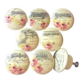Twisted R Design Set of 8 Pink Roses French Ephemera Wood Cabinet Kitchen Dresser Drawer Knobs