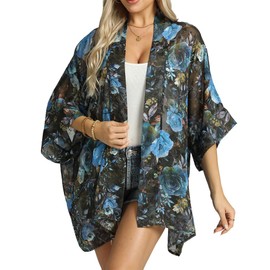 WEIYAN Women's Tops Loose Chiffon Kimono Cardigan Beach Swim Cover up Blouse(BlueCX,Large)