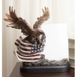 Ebros Patriotic Bald Eagle with Outspread Wings Perching On Star Spangled Banner American Flag Statue with 4"X6" Glass Picture Photo Frame Bronze Electroplated Figurine
