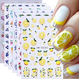 Yamobi 6 PCS Frucht Nagel Kunst Sticker, 3D selbstklebende Nagel Sticker,Zitronen Erdbeeren Himbeeren Bananen Trauben Orangen Nagel,Sommer Maniküre