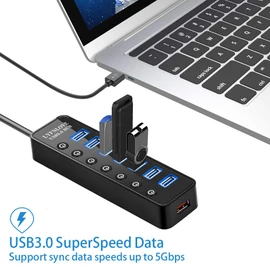 LYFNLOVE Powered USB Hub 3.0 Extender, Multiple Port Hub Splitter for Laptop PC with Power Adapter and 1 Charging Port, USB Expander with On/Off Switches for MacBook, iMac, Surface Pro
