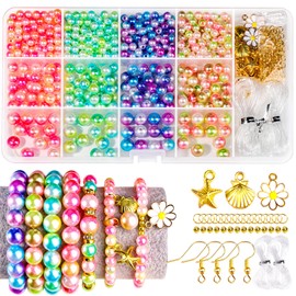 LEOBRO Pearl Beads for Bracelet Making, Iridescent Pearl Beads Bracelet Making Kit, Pearls for Crafting, Friendship Bracelets Beads, Loose Pearls for Jewelry Making, Crafts (Assorted Sizes)