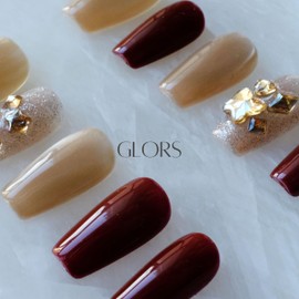 [GLORS] Purly Handmade Medium Ballerina Press on Nails | Burgundy Moonlight Red Cat-eye Fake False Nails | Salon Quality Wearable Nails in Medium Ballerina (L, MB)