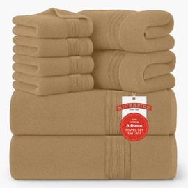 RIVERSIDE 8 Piece Towel Set, 2 Extra Large Bath, 2 Hand Towels, 4 Washcloths, 550 GSM 100% Cotton, Soft, Quick Dry, Highly Absorbent Towels for Bathroom, Spa, Gym, Tan