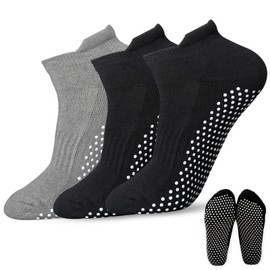 LUFFLOK 3 Pairs Yoga Grip Socks Non Slip Pilates Socks for Women and Men Breathable Cotton Socks for Ballet Hospital Dance Home Fitness Full Toe Ankle Non-Slip Grip Socks,One Size (2 Black + 1 Gray)