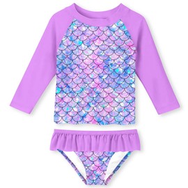 Funnycokid Toddler Girls Rashguard Swimsuit 4T 5T Mermaid UV Protection Two Piece Long Sleeve Bathing Suit Purple Swimwear Rash Guard Sets 4 5 Years