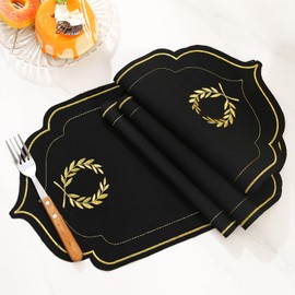 4 Piece Embroidery Placemats,Heat Resistant Non-Slip Place mats,Indoor Woven Fabric Table Mats(Black Style 5,15.5 inch)