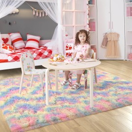 ULTSOFE 5x8 Rainbow Fluffy Rug for Girls Bedroom Soft Carpet, Large Unicorn Rainbow Rug Cute Shag Rugs for Living Room Classroom Baby Toddler Kids Girls Room Nursery Dorm, Colorful Kawaii Home Decor
