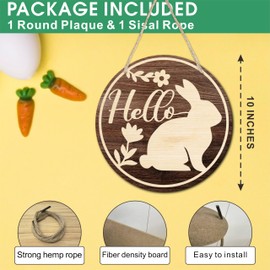 10" Easter Round Wooden Hanging Sign With Sisal Rope - Rustic Bunny Hello Wooden Plaque For Front Door, Porch, Outdoor Indoor, Farmhouse Wall Decor Party Favor & Decorations - B02