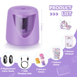 Electric Pencil Sharpeners for Kids, Cute Small Colored Pencil Sharpener for Home Classroom, Pencil Sharpener Electric Plug in, with Unicorn School Supplies,Purple