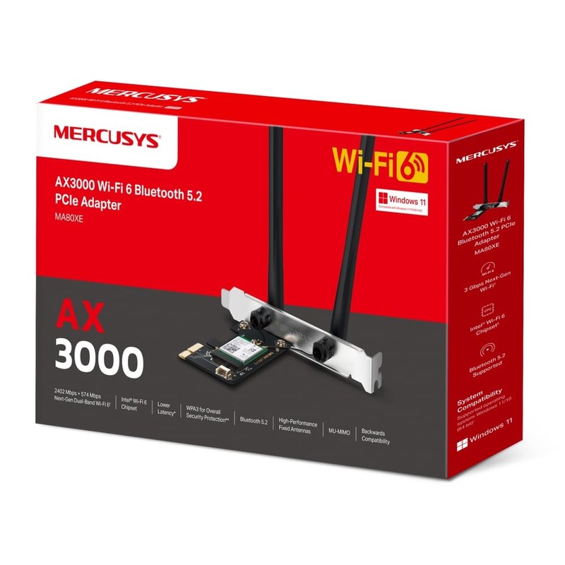 Mercusys MA80XE AX3000 Wi-Fi 6 Bluetooth 5.2 PCIe Adapter, Wi-Fi
