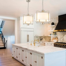 HFYOXK Modern Drum Chandelier for Dining Room, 4 Light Adjustable Rustic White Fabric Drum Chandeliers, Brushed Nickel Farmhouse Lights Hanging Light Fixture for Bedroom Living Room Hallway