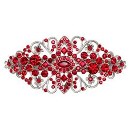 Faship Red Floral Crystal Hair Barrette Clip - Red