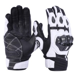 Harssidanzar Motorcycles for Mens Womens Genuine Leather Full Finger Touchscreen Motorbike Riding Powersports Knuckle Protection Road Racing Gloves KM046CA,White/Black,Size XL