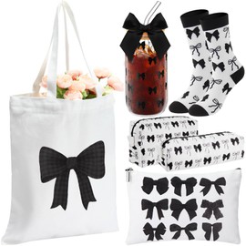Dansydaisy Coquette Gift for Women Bow Preppy Makeup Bag Set Aesthetic Glass Cups with Lids, Canvas Tote Bag Gift Set, Bow Themed Gifts for Woman (Black)