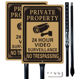 2 Pack Private Property No Trespassing Signs with 36-Inch Metal Stakes,14x10 Inches 24 Hour Video Surveillance Sign,Rust Free Aluminum, Hardware included