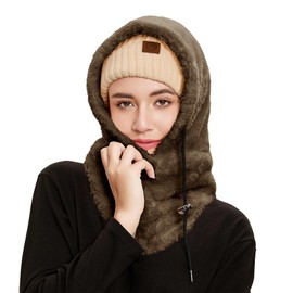 Fleece Balaclava Fuzzy Ski Mask for Women Warm Winter Hats for Women Ski Face Cover Integrated Ear Protection Windproof, Brown, One Size