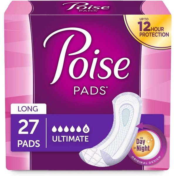 Poise Incontinence Pads for Women, Ultimate Absorbency, Long, Original Design, 108 Count (4 Packs of 27)