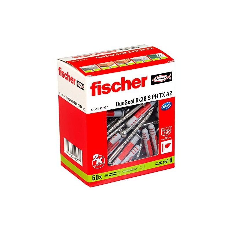 fischer 557727 DuoSeal Wall Plug, 6 x 38, Red