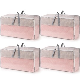 4 Pack Heavy-Duty Extra Large Storage Bag Organizer with Zips and Lids for Moving House, Transparent Clothes Storage Bags Boxes Big Strong, Laundry Bag, Packing, Water-Resistant