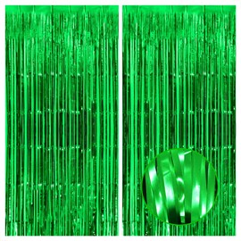 KatchOn, Green Streamers - 3.2x8 Ft, Pack of 2 | Green Backdrop for Jungle Party Decoration | Foil Fringe Curtains for Dinosaur Birthday Decorations | Tropical, Safari Party Decorations