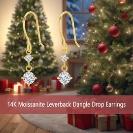 UXQ 14K Solid Gold 2CT Moissanite Leverback Dangle Drop Earrings for Women Her Mom Jewelry Mothers Day Birthday Gifts Valentine's Day Gifts for Women
