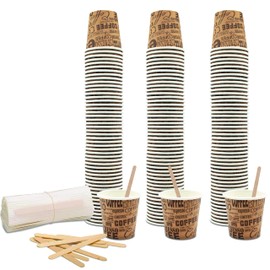 COFFISANO Set of 150 Coffee Cups 75ml Brown Paper + 150 Wooden Sticks Disposable Cups and Stirrers Recyclable for Restaurant Office Sports Bar Espresso