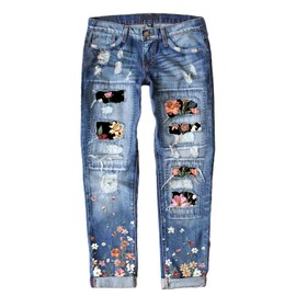 EVALESS Womens Fashion Ripped Jeans Vintage Floral Distressed Patchwork Print Jeans Tummy Control Cuffed Underwear Wide Leg Baggy Denim Boot Cut Jeans Pants with Hole Blue X-Large
