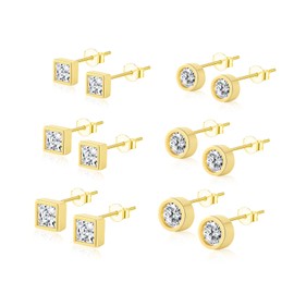 Z ZACHÉ 6 Pairs Tiny Stud Earrings Square Round Cubic Zirconia 14K Gold Plated Studs Earrings for Women Multiple Piercing Stackable Ear Jewelry Set