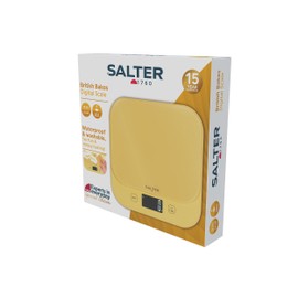 Salter British Bakes Digital Kitchen Scale – Yellow Baking Scale, High 10kg Capacity, Measures Liquids, Waterproof, Add & Weigh Tare Function, Tempered Glass Platform, 1g Precision, Backlit Display