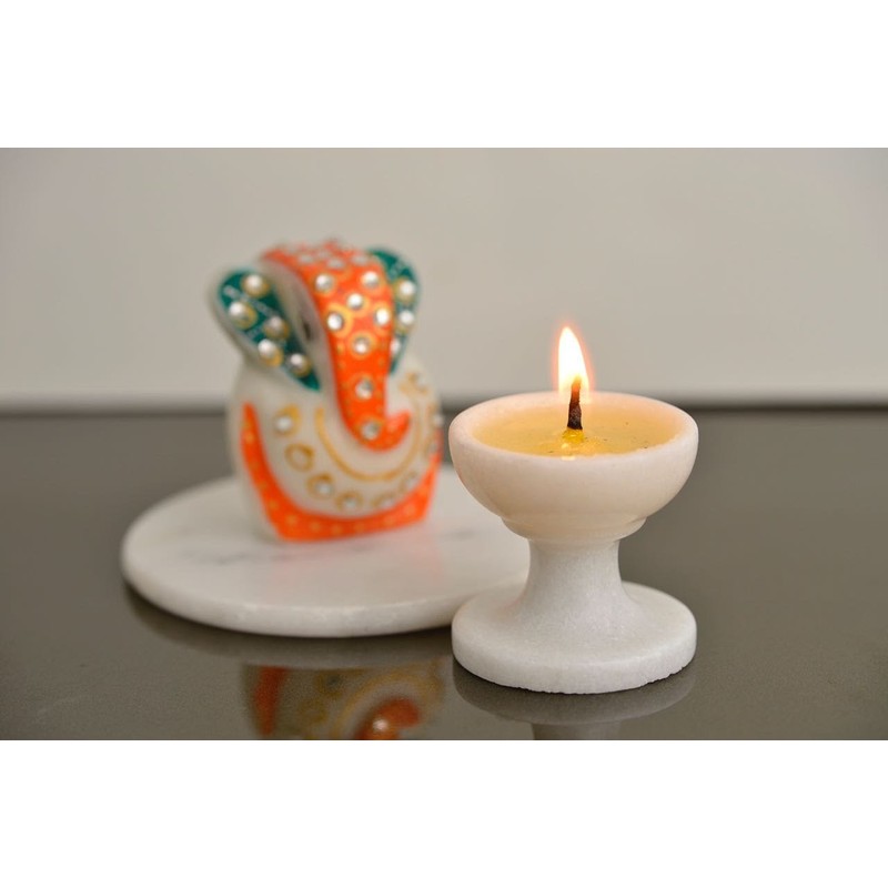 NikkisPride Unique Natural Handcarved Marble Diya/Indian Oil Lamp for Lighting
