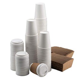 White Paper Cups for Hot Drinks | Coffee Cups with White Thru Lids and Sleeves 12oz (340ml) (50)