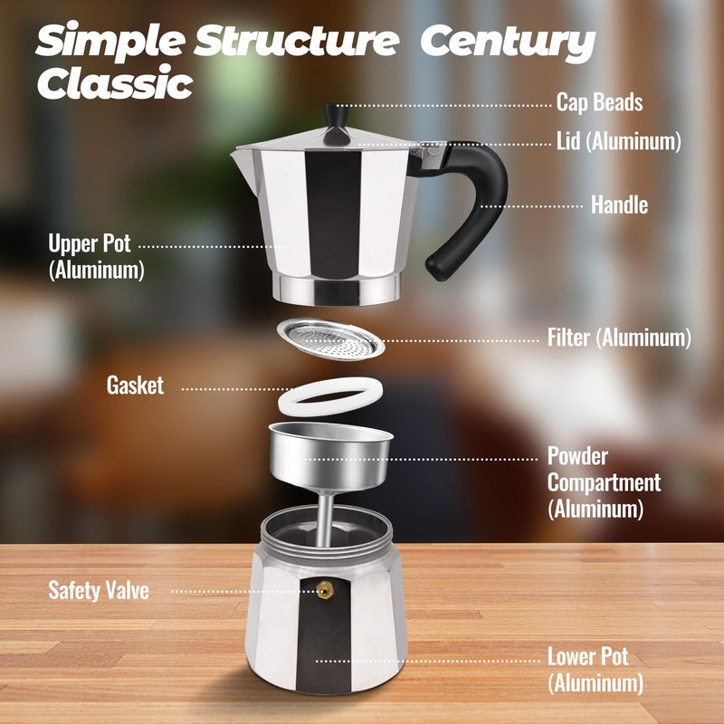 Vaolvpant 3 Cup Aluminum Moka Pot Classic Stovetop Espresso Coffee