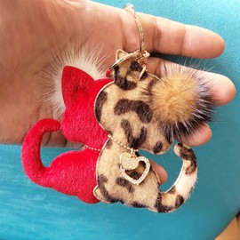byDream Cute Mink Fur Charm Cat Key Chain Jalako Style Cat Fluffy Bag Charm Autumn Winter Axaserie Christmas Present Animal Animal Charm Stylish Gift, red