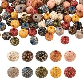 100Pcs 10 Colors Laser Engraved Leopard Wooden Beads 10 mm Round Loose Polished Wood Beads for Garland Home Decor Jewelry Making and DIY Crafting, Mixed Color