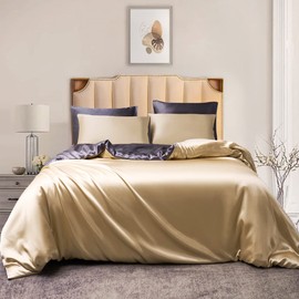 Damier Satin Bed Linen 155 x 220 cm Beige Grey Gloss Satin Reversible Bed Linen Set 3-Piece Silky Shiny Luxury Duvet Cover with Zip and 2 Pillowcases 80 x 80 cm