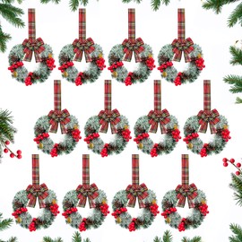 Moucuny 12 Pcs Cabinet Wreaths for Kitchen Mini Christmas Wreaths with Ribbon Small Christmas Farmhouse Wreaths Artificial Pine Cone Hanging Wreath for Front Door Window (Red and Black)