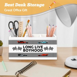 Yjeslw XLDLIOO Long Live Boyhood Pencil Holder Organizer for Desk Accessories, Race Car Wooden Box Sign Desk Decorations for Kids Boys Bedroom Classroom School Decor, Race Car Room Decor for Boys
