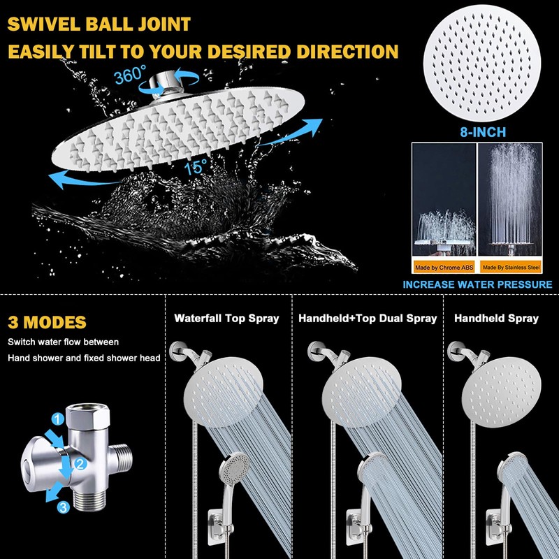 NearMoon Shower Head with Hose, High-Pressure Stainless Steel 8'' Rain