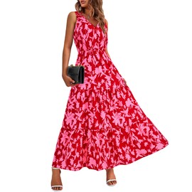 BTFBM Women Summer Dresses Casual Sleeveless Maxi Dresses Cute Floral Long Dress Wedding Guest Dress(Red Rose Red Flower,X-Large)